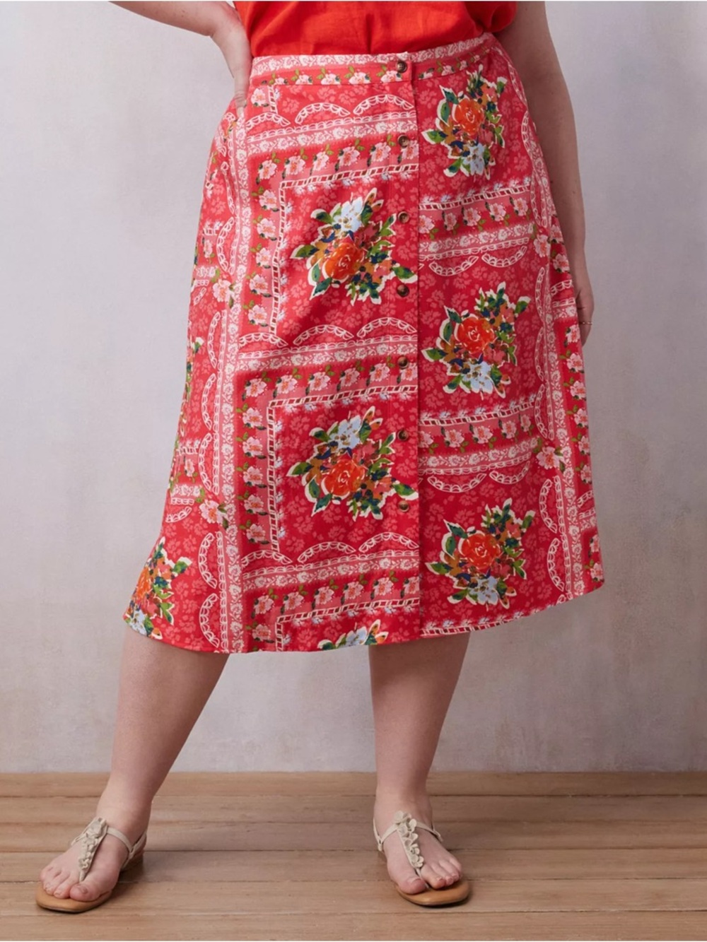NWT LC Lauren Conrad Button Front A-Line Midi Skirt Pink Floral Plus Size 3X